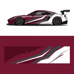 Naklejka premium Red and white sports car with racing stripes and spoiler