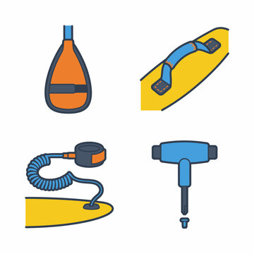 Illustration of paddle board equipment: paddle, handle, coil leash, fin key