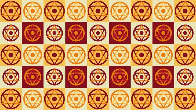 Geometric Mystical Star Pattern Rotating on Retro Red and Yellow Checkerboard Motion Graphic Background
