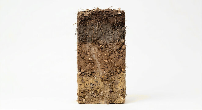 Soil cross section slice showing organic layers clay pebbles and plant root system studio isolated