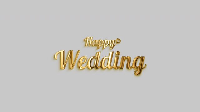 Elegant golden Happy Wedding text animation with glossy lettering, heart decoration, 4k motion graphic with alpha channel