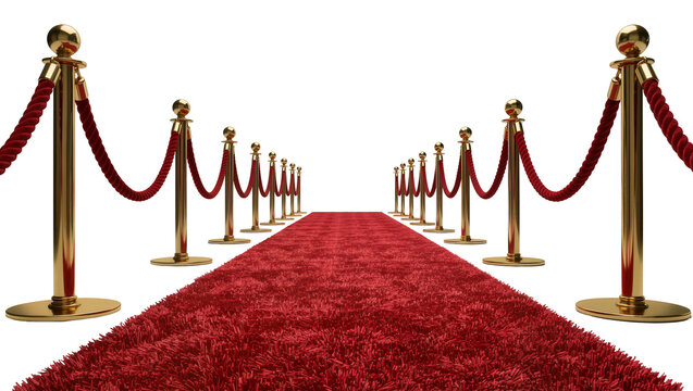 Plush red carpet with gold stanchions and ropes, isolated on transparent background