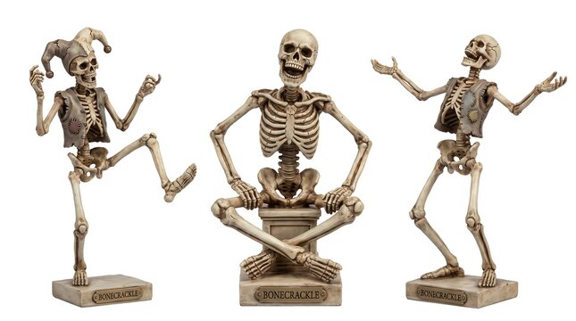 Laughing and dancing skeleton figurines with jester hats and tattered vests isolated on a white background for Halloween marketing campaigns, seasonal social media assets, and holiday decorations.