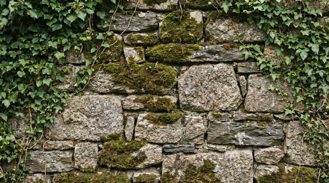 Vintage stone wall partially covered with lush green moss and climbing ivy leaves, weathered masonry, rustic garden atmosphere