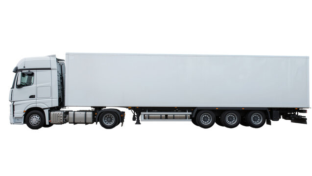 White semi-trailer truck with a large cargo box, isolated on transparent background