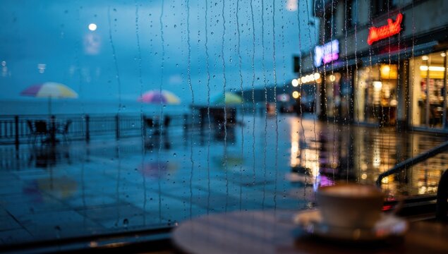 Rainy city view from window overlooking wet promenade with colorful umbrellas and lights.