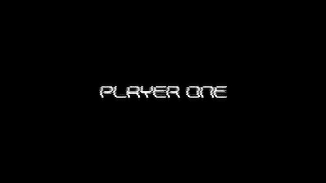 vintage arcade game screen player one glitch text title animation 80s 90s retro 8 bit pixel in background. player one glitch gaming effect