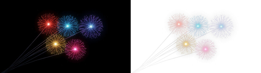 Fototapeta premium Set of five colorful firework explosions with light trails isolated on transparent background