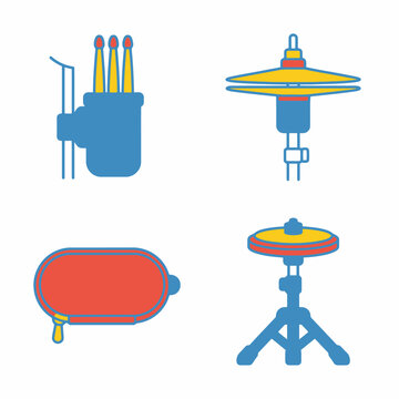 Colorful drum equipment icons set: sticks, cymbals, drum pad, seat