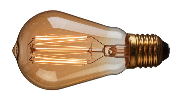 Edison light bulb with amber glass and brass base, isolated on transparent background