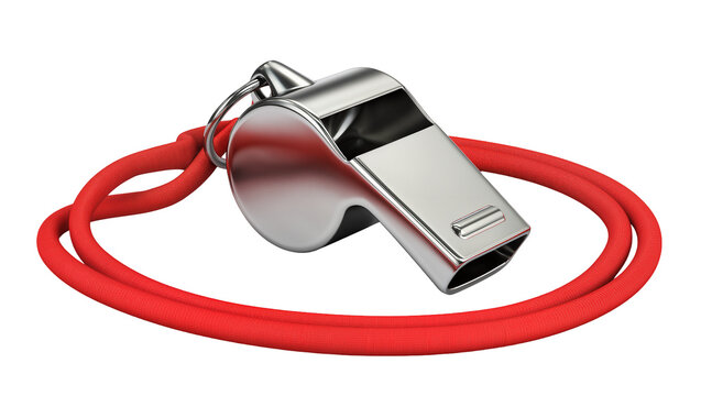 Shiny metal whistle with red cord, isolated on transparent background