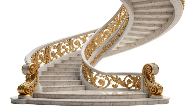 Elegant marble spiral staircase with ornate gold railing, isolated on transparent background
