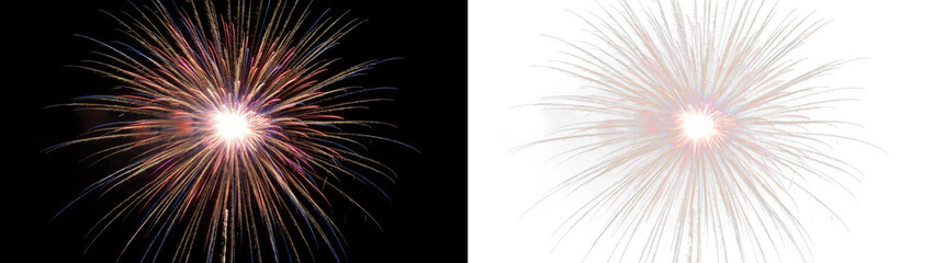 Fototapeta premium Bright colorful firework explosion in the night sky, vibrant light trails radiating from the center, festive celebration display, pyrotechnics show, isolated on transparent background