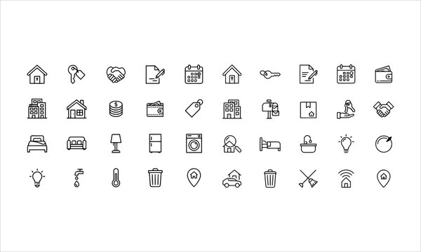 Set outline icons related to rental property. Linear icon collection. Editable stroke. Vector illustration