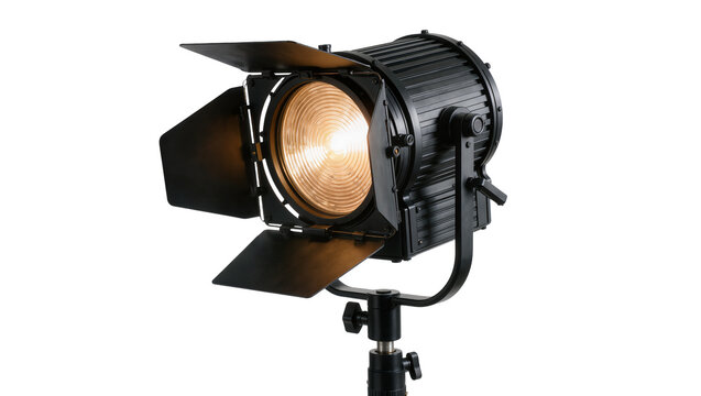 Professional black Fresnel spotlight with barn doors, isolated on transparent background