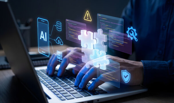 Software engineer using AI coding assistant on laptop, entering programming prompts for automated development, source code illustration, puzzle symbols, artificial intelligence and workflow automation