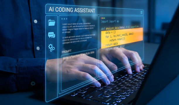 AI coding agent generating source code on desktop computer, businessman using AI coding assistant, automated software development, programming workflow and developer productivity