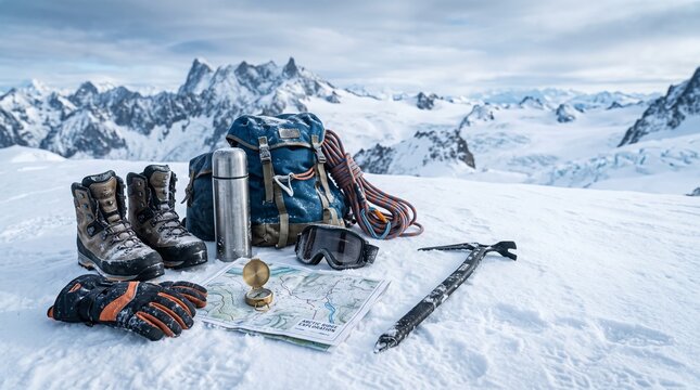 Mountain climbing equipment flatlay snow outdoor adventure gear collection