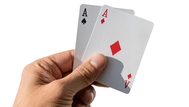 Hand holding two ace playing cards one spade and one diamond, isolated on transparent background