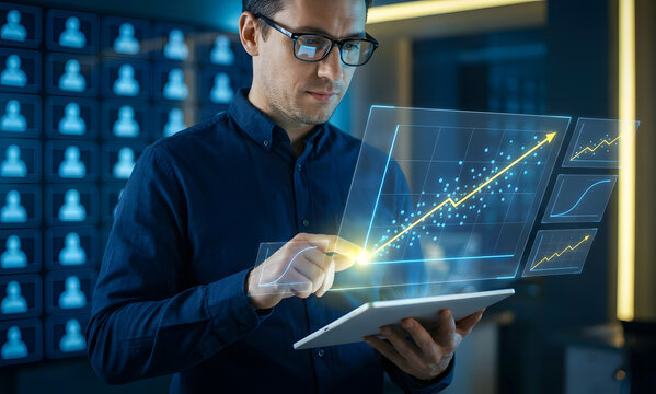 Customer behavior analytics concept with business professional tapping graphs on digital tablet, regression analysis, purchasing patterns, customer retention and marketing intelligence