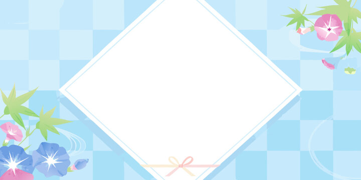 Floral ornament with morning glories and a checkered blue background