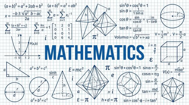 Educational Mathematics Illustration Featuring Algebra, Geometry, and Trigonometry Formulas on Graph Paper