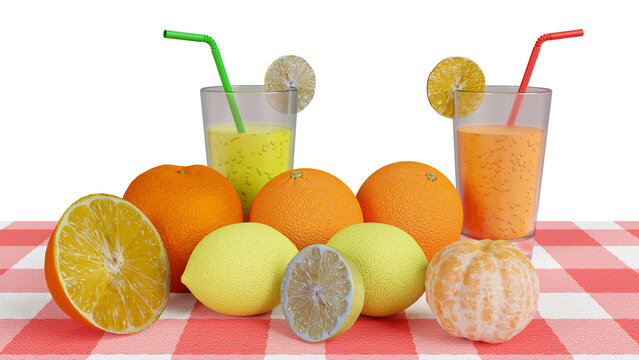 PNG. Su tavolo sono disposti agrumi, arance e limoni, aranciata e limonata. Bevande con sfondo trasparente.
