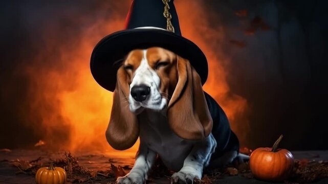 Cute dog with Jack O' Lanterns. A dog dressed as a witch for Halloween. A dog sits in a park with orange pumpkins. A beagle in a witchs hat. Halloween Holiday video background.