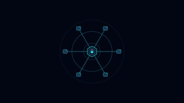 Endpoint Security Pulse radiating protective concentric cyan rings around connected workstation nodes