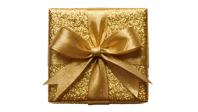 Sparkling gold glitter gift box with satin ribbon bow, isolated on transparent background