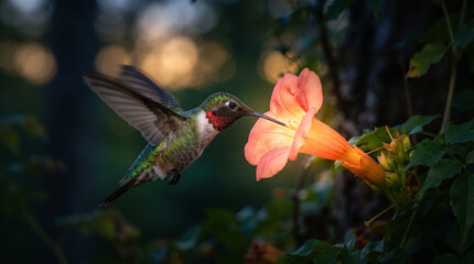 Fototapeta premium Emerald green hummingbird hovering near vibrant orange pink flower at golden hour in lush dark foliage with soft bokeh background