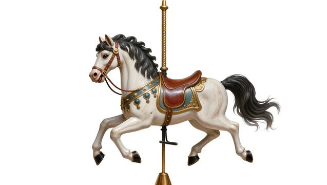 Ornate carousel horse with leather saddle and brass pole, isolated on transparent background