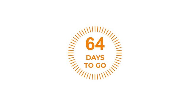 Countdown timer animation with circular progress and number 64 days to go in clean white studio background