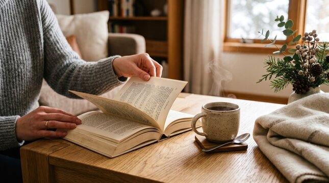 Person reading an open book with a steaming mug on a wooden table in a cozy winter home