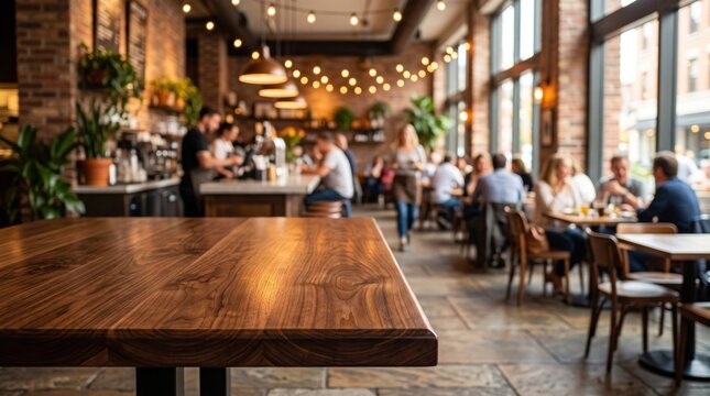 Dark brown hardwood tabletop in the foreground with a blurred busy cafe interior featuring brick walls wooden chairs people sitting at tables and warm string lights hanging from the ceiling