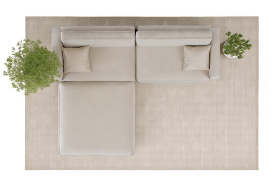 View of a sectional sofa with two throw pillows and two potted green plants on a light beige rug living room