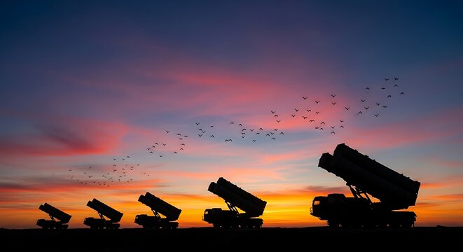 Military Missile Launchers Silhouetted Against a Dramatic Sunset Sky