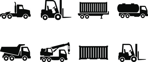 Heavy Freight and Construction Logistics Icons Set Featuring Semi Truck Tractor Forklift Cargo Container Dump Truck and Crane © Dipu