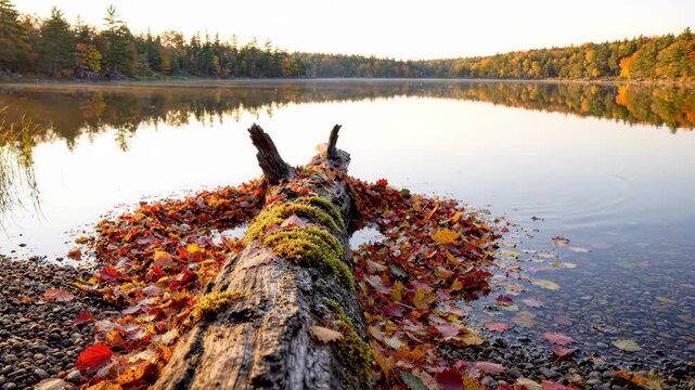 Fallen log rests in calm lake water, covered with moss and autumn leaves. Golden forest reflections fill still surface while small ripples spread near shoreline under soft evening light.