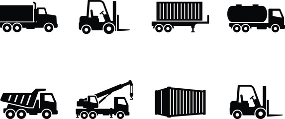 Heavy Freight and Construction Logistics Icons Set Featuring Forklift Cargo Container Dump Truck Crane and Tanker © Dipu