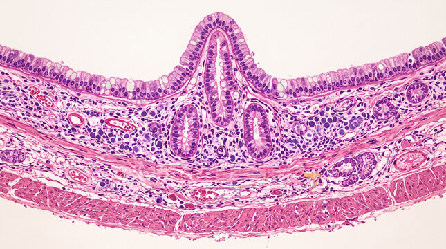 Microscopic cross section of intestinal tissue showing villi structure, goblet cells, and underlying lamina propria against a white background under bright laboratory lighting