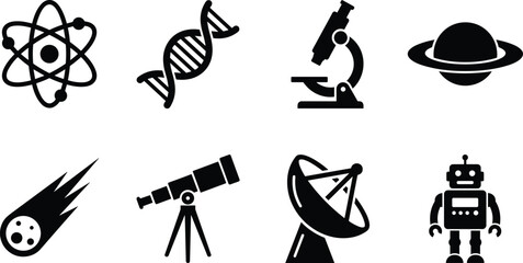 Science and Astronomy Silhouettes Set Featuring Atom DNA Helix Microscope Planet Meteor Telescope Satellite Dish and Robot © Dipu