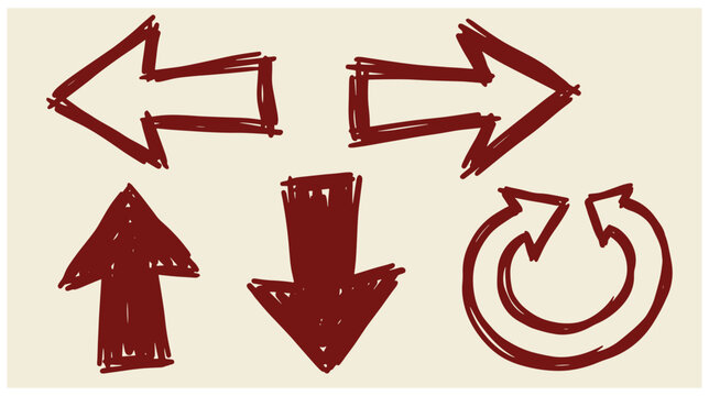 Red hand-drawn directional arrow icons pointing left right down refresh recycle symbol with red arrows up arrow refresh icon up arrow illustration scribble creative isolated progress