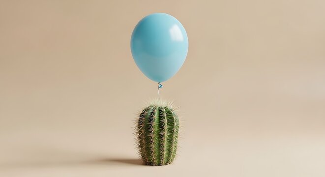 Prickly green cactus with a floating blue balloon on beige