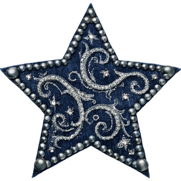 Blue denim star applique featuring intricate silver glitter swirling designs and a border of metallic studs, providing a decorative and fashionable embellishment