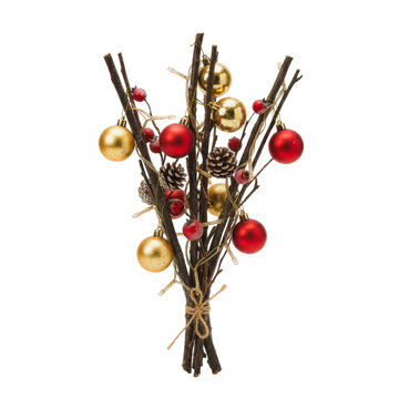 Christmas decorative branch bundle with red and gold ornaments