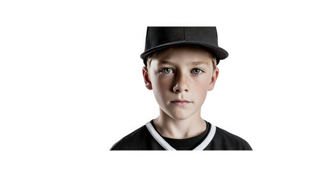 Boy wearing a dark baseball cap and jersey looking directly at the camera with a neutral expression.