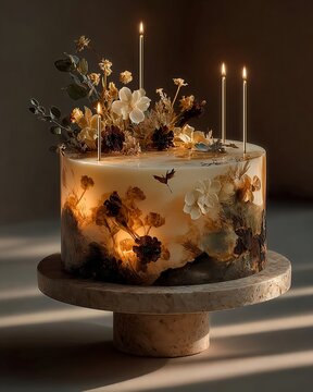 Elegant Floral Cake with Three Tall Candles and Dried Flowers