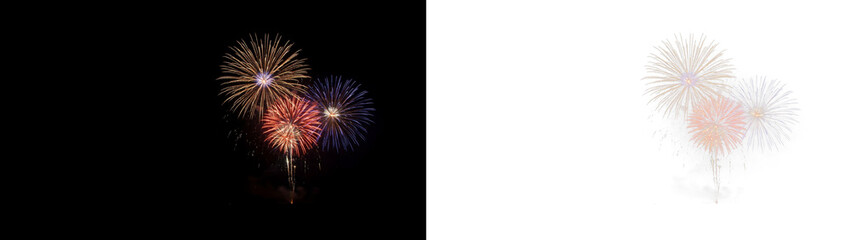 Fototapeta premium Colorful fireworks display in the night sky, vibrant pyrotechnic explosions with gold, red, and blue sparks for celebration and festive events isolated on transparent background