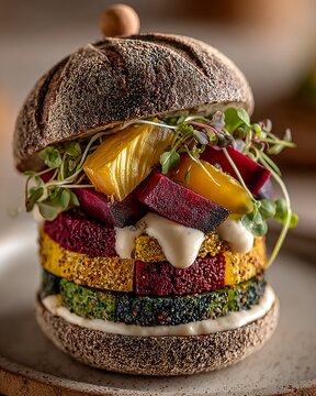 Colorful Plant Based Burger with Layered Vegetables and Microgreens